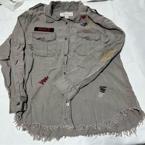 Vintage Green Button-Up Shirt with Patches